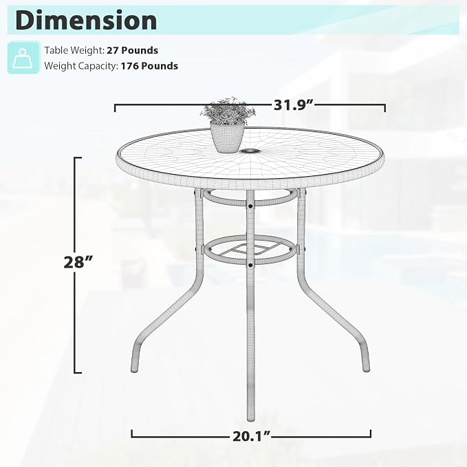 MKDLUFEI Patio Table with Umbrella Hole, 32 Inch Round Tempered Glass Metal Outdoor Dining Table Garden Elements for Balcony, Backyard Pool(Round)
