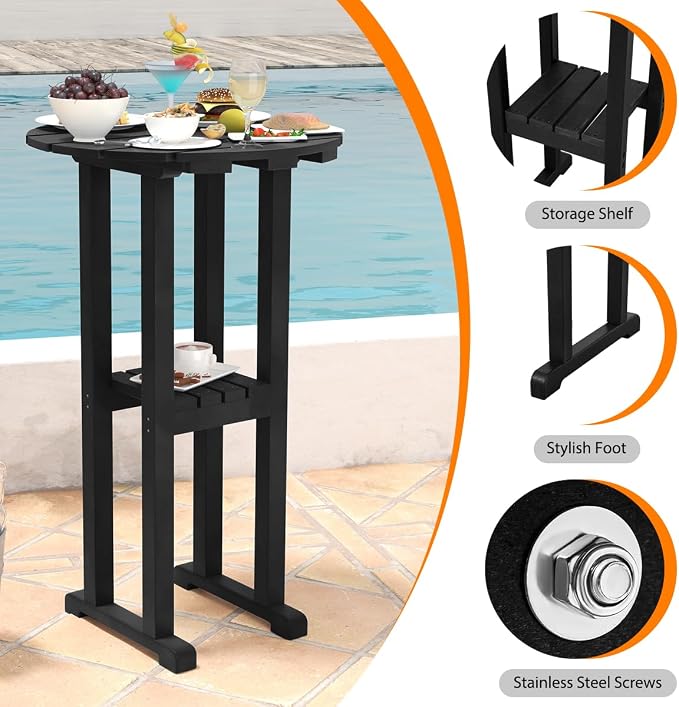 Sundale Outdoor 39 Inches Height Adirondack Bar Table, Patio HDPE Pub Height Round, All Weather High Top Bistro Table for Outside Deck Porch Balcony Poolside, Black