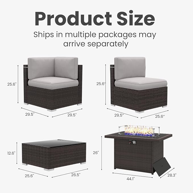 10 Pieces Patio Furniture Set with 44" Propane Gas Fire Pit Table, Outdoor Sectional Brown Rattan Wicker Conversation Sofa Sets with Coffee Table