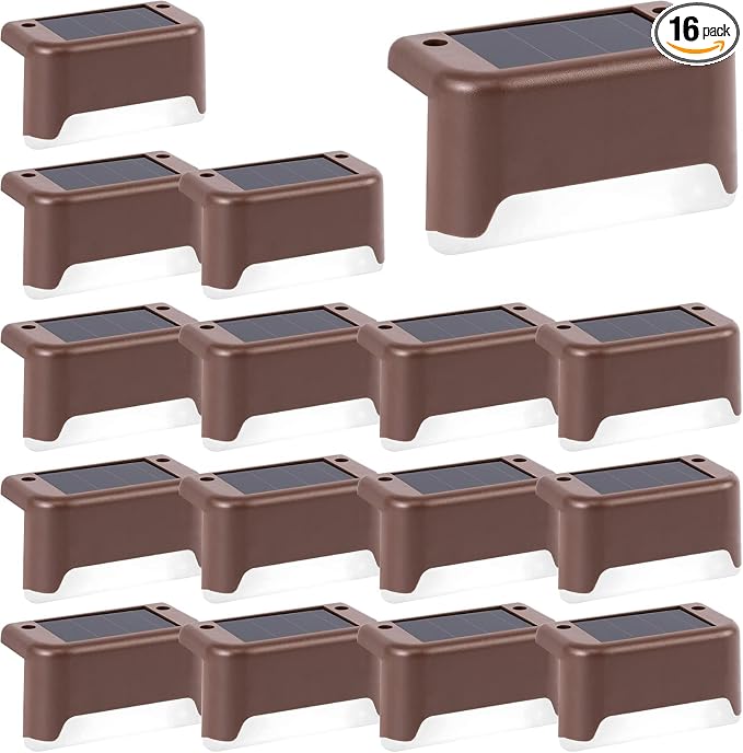 GIGALUMI Solar Deck Lights Outdoor, 16 Pack Waterproof LED Solar Lights for Stairs, Step, Fence, Railing, Yard and Patio (Cool White) | Solar LED Lights for Outdoor Stairs, Step, Fence, Railing, Yard and Patio