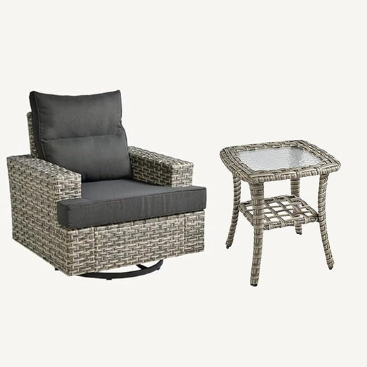 HOOOWOOO Outdoor Sectional Patio Furniture Set,2 Pieces Single Arm Wicker Chairs,Extra Deep Out Door Sofa Outside Furniture (Black, 1 Swivel Chair 1 Table)
