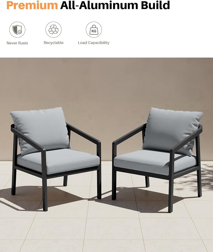 Patio Sofa Chairs Set of 2, Never-Rust Aluminum Outdoor Armchair with Removable Cushions, All Weather 2 Pieces Outdoor Club Chairs, Outdoor Sofa Chairs for Garden, Lawn, Backyard, Black