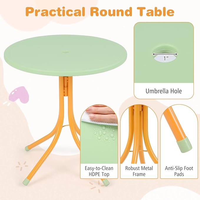 KOTEK Kids Picnic Table with Umbrella, Outdoor Table & 2 Folding Chairs, Cute Pattern Children’s Patio Furniture, Portable Kids Table and Chair Set for Backyard, Garden, Beach (Yellow Tiger)