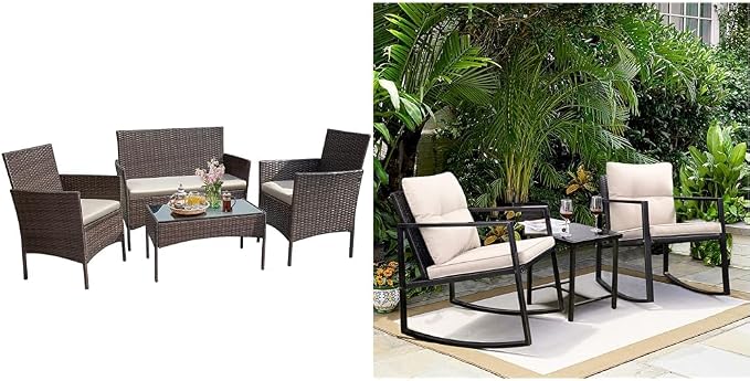 Greesum 4 Pieces Wicker Rattan Patio Furniture Sets with Loveseat, Chairs, Table and 3 Pieces Rocking Bistro Set with Porch Chairs, Coffee Table