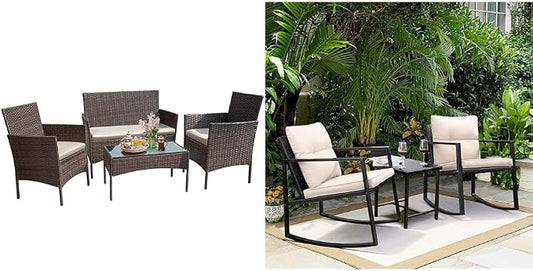 Greesum 4 Pieces Wicker Rattan Patio Furniture Sets with Loveseat, Chairs, Table and 3 Pieces Rocking Bistro Set with Porch Chairs, Coffee Table