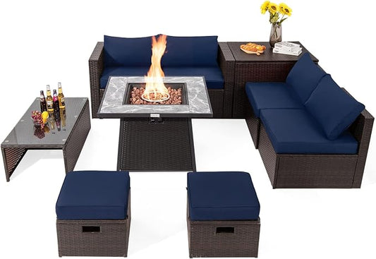 Tangkula 9 Pieces Outdoor Patio Furniture Set with 35-Inch Propane Fire Pit Table, Outdoor PE Wicker Sectional Sofa Set with Storage Box and Cushions, 50,000 BTU Gas Fire Pit Table (Navy)