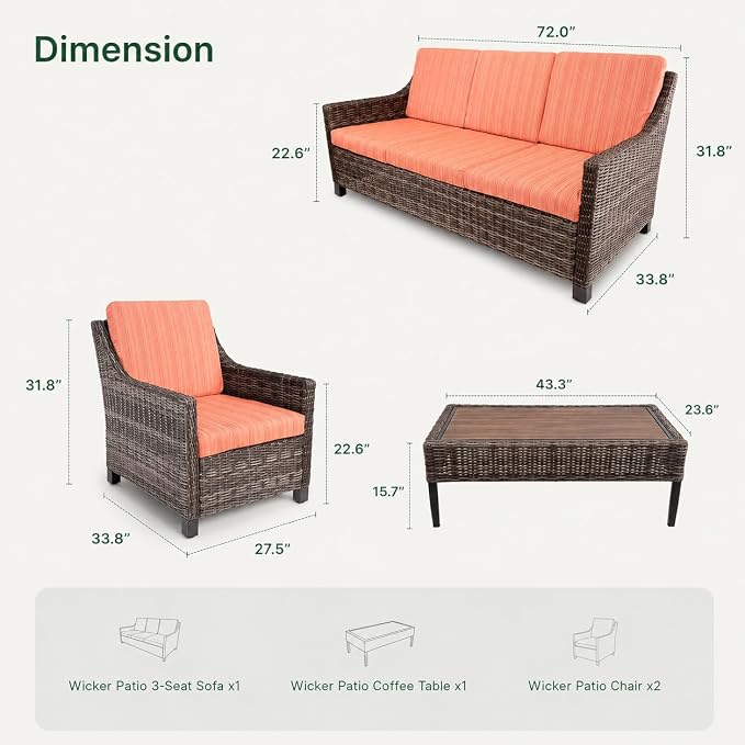Wicker Patio Conversation Set, Outdoor Patio Chair Set with Deep Seating, Wide Armrests & Thick Cushions, All-Weather Outdoor Furniture Set for Patio, Porch, Deck & Backyard