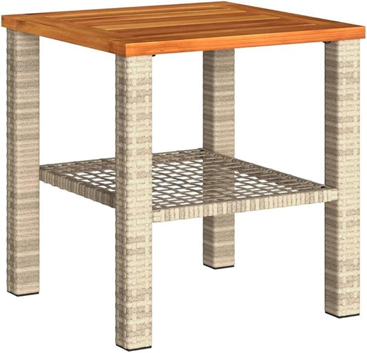 vidaXL Patio Table, Outdoor Coffee Table, Patio Furniture, Square Garden Table with Wooden Top for Lawn Backyard, Beige Poly Rattan Acacia Wood