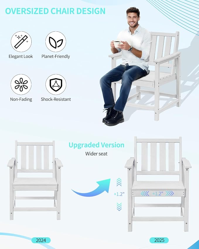 Outdoor HDPE Dining Table Set, 7-Piece Patio Dining Furniture Sets with Umbrella Hole Table and 6 Chairs for Backyard, Poolside, Garden and Lawn, White
