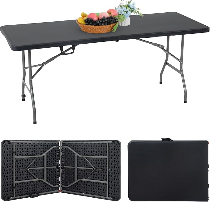 6FT Folding Table, Fold-in-Half Portable Plastic Table with Handle, Heavy Duty HDPE, 500 lbs Capacity, Waterproof & Scratch-Resistant, Locking Legs, Anti-Slip Feet for Indoor Outdoor Party Picnic