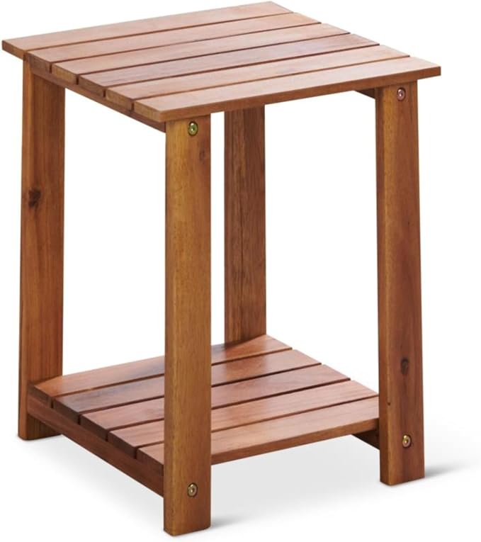 Patio Wise Square Acacia Wood Side Table, 2-Tier Indoor/Outdoor Wooden Accent Tables, Deck, Balcony, Porch, & Patio Furniture, 15-Inches Long x 15-Inches Deep x 17-Inches High, Teak