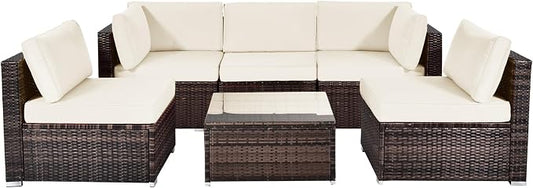 DORTALA 6 Pieces Patio Furniture Set, Outdoor Wicker Conversation Set with Glass Coffee Table, Wicker Sofa Set with Back & Seat Cushions, Rattan Sectional Conversation Couch Set, White