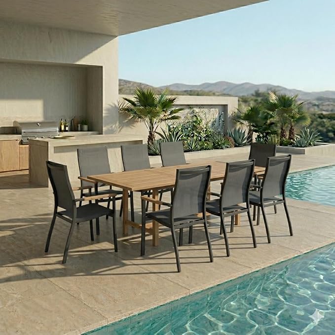 Urban Elements Mykonos 9-Piece Rectangular Patio Furniture Set | 100% Certified Teak | Backyard Furniture, Outside Table and Chairs, Rectangular Outdoor Dining Set