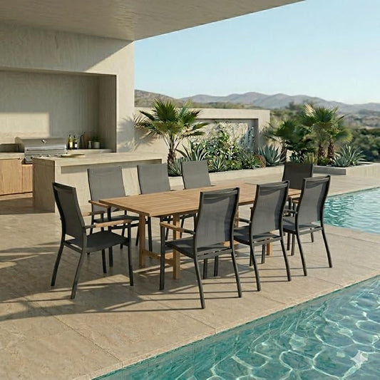 Urban Elements Mykonos 9-Piece Rectangular Patio Furniture Set | 100% Certified Teak | Backyard Furniture, Outside Table and Chairs, Rectangular Outdoor Dining Set