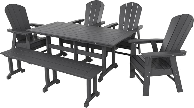 WestinTrends Malibu 6 Piece Adirondack Patio Dining Set with Bench, All Weather Poly Lumber Outdoor Table and Chairs, 71" Trestle Dining Table, 4 Adirondack Chair with Dining Bench, Gray