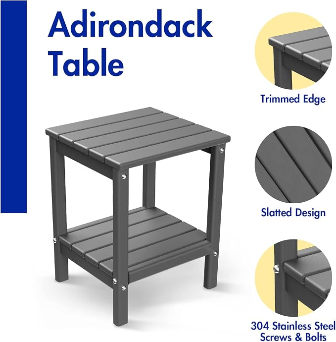 BRIOPAWS Outdoor-Side-Tables | Set of 2 | Small | HDPE Plastic | Patio End-Table | 2-Shelf Adirondack Outside Tables | All Weather | for Poolside Front Porch Indoor Living Room | 14" x 13" | Grey