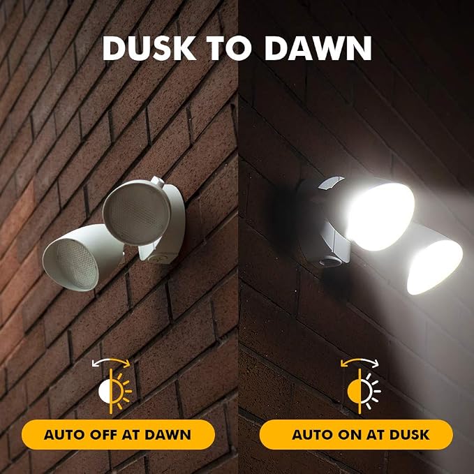 LUTEC 6222W-D2D 3500 Lumen 32 Watt Dusk to Dawn Dual-Head Flood Light Outdoor Waterproof Exterior Security Wall Light, Full Metal Design Floodlight for Patio, Garden, Yard-White