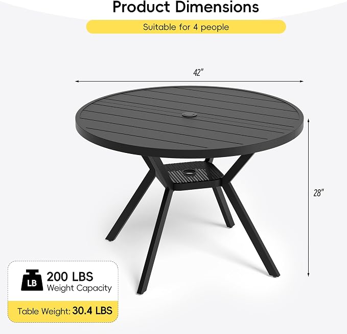 Betterhood 42” Outdoor Patio Table, Metal Patio Dining Table for All Weather, Round Outdoor Coffee Table, Patio Table with Adjustable Umbrella Hole or Garden, Backyard and Porch