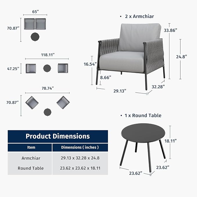 EAST OAK 3-Piece Patio Furniture Set | Armchairs & Coffee Table | Outdoor Furniture with Cushions | Deep Seating Modern Conversation Set | Garden, Porch, Balcony & Backyard | Misty Grey