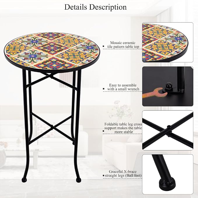 Mosaic Outdoor Side Table Small Round Patio Table Plant Stand | 21" Accent End Table with 14" Ceramic Tile Top for Small Spaces Porch Pool Garden Decor Indoor Living Room Bedroom Balcony