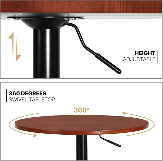MoNiBloom Round Bar Table Adjustable Height, BistroTable with Black Leg and Base Pub Table 360° Swivel for Living Room Dining Room Bistro Cafe, 23.5" Diameter Red Wood Texture Top Cocktail Tables