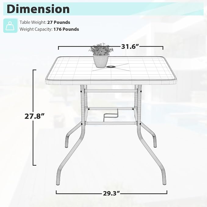 MKDLUFEI 32 Inch Umbrella Table with Hole, Outdoor Square Patio Table with Tempered Glass Top, for Balcony, Backyard, Poolside, Black