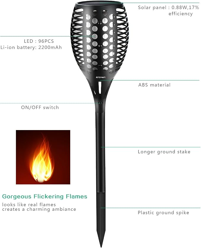 Aityvert Flickering Flame Solar Torch Lights Outdoor, 43" Tall, 1 Pack | Realistic 96-LED Flame Effect, Charges in 6-8 Hours, 10-12-Hour Runtime, IP65 Waterproof, Auto On/Off forPatio, Garden