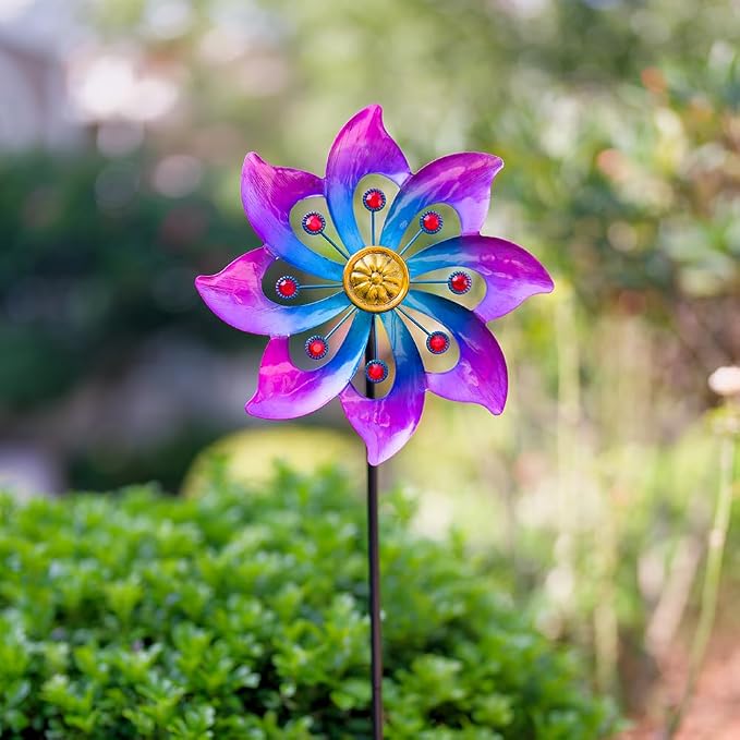 DREAMYSOUL Wind Spinners Outdoor, 9.6" Dia*40" H Metal Garden Pinwheels, Kinetic Wind Spinners for Yard and Garden Lawn Art Decor (Purple)