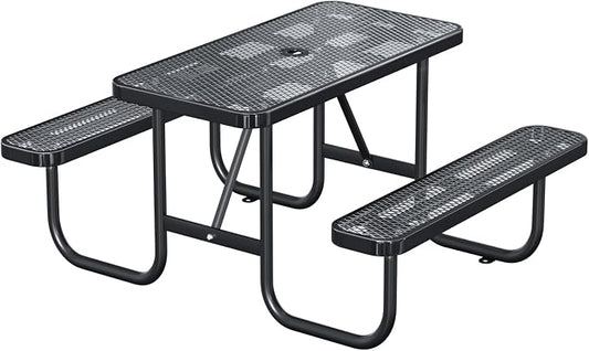 4FT Rectangular Outdoor Picnic Table with Attached Benches, Heavy-Duty Expanded Metal Mesh Patio Table, Commercial-Grade Outdoor Seating for Park, Backyard, Deck, Lawn, Black