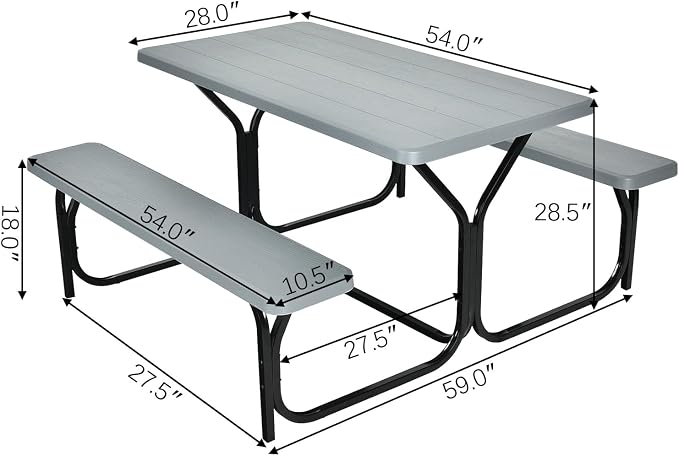 Picnic Table, Camping Portable Picnic Table Bench Set for 4 Persons, Heavy-Duty Steel Frame & Resin Tabletop, All Weather Outdoor Picnic Tables for Patio Travel BBQ Party Garden (Grey)
