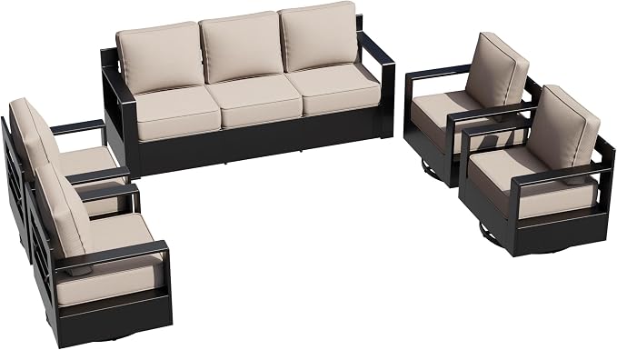 Outdoor Aluminum Furniture Set, 5-Piece Patio Conversation Set, 4 Swivel Chairs and 1 Sofa, All-Weather Metal Frame, 6" Thick Removable Cushions, Deep Setting for Garden, Poolside and Porch