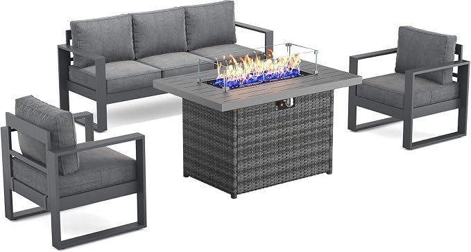 Outdoor Aluminum Furniture Set with Fire Pit Table - 4 Pieces Modern Patio Conversation Sets Metal Sectional Sofa Set