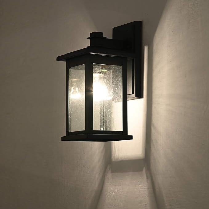 MICSIU 12 Inch Matte Black Modern Farmhouse Outdoor Wall Lantern 1 Pack | Square Exterior Sconce with Clear Seedy Glass, Anti-Rust Waterproof Outside Wall Mount Light for House, Porch, Garage, Garden