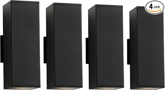 mirrea 14" Modern Outdoor Porch Light in 2 Lights, Matte Black, 4 Pack | Patio wall sconce, aluminum rectangular tube, tempered glass, waterproof. Up & down lighting for outdoor wall mount fixture.