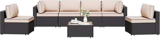Shintenchi 7 Pieces Outdoor Patio Sectional Sofa Couch, Wicker Furniture Conversation Sets with Washable Cushions & Glass Coffee Table for Garden, Poolside, Backyard (Khaki)
