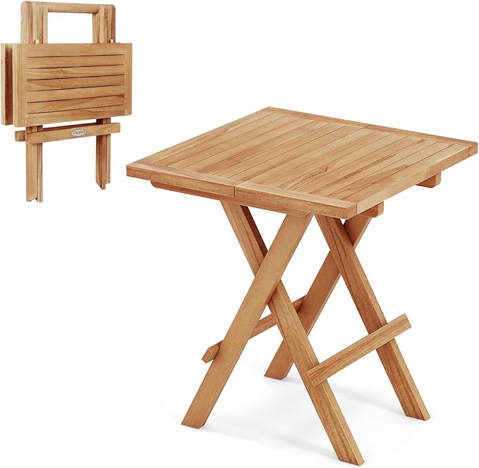 RELAX4LIFE Folding Outdoor Side Table - Teak Wood End Table, 18’’ Square Coffee Bistro Table w/Slatted Tabletop, Portable Picnic Camp Table for Poolside Porch Garden, Foldable Small Patio Table