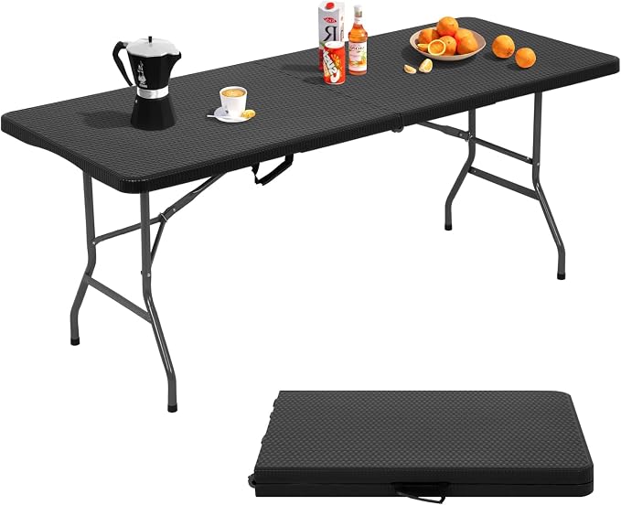 Dkeli Folding Table | 6 ft Folding Picnic Table Portable | Heavy Duty Dining Table | Fold in Half with Handle and Sturdy Steel Frame for Outdoor Indoor Camping, Picnic and Party,Black