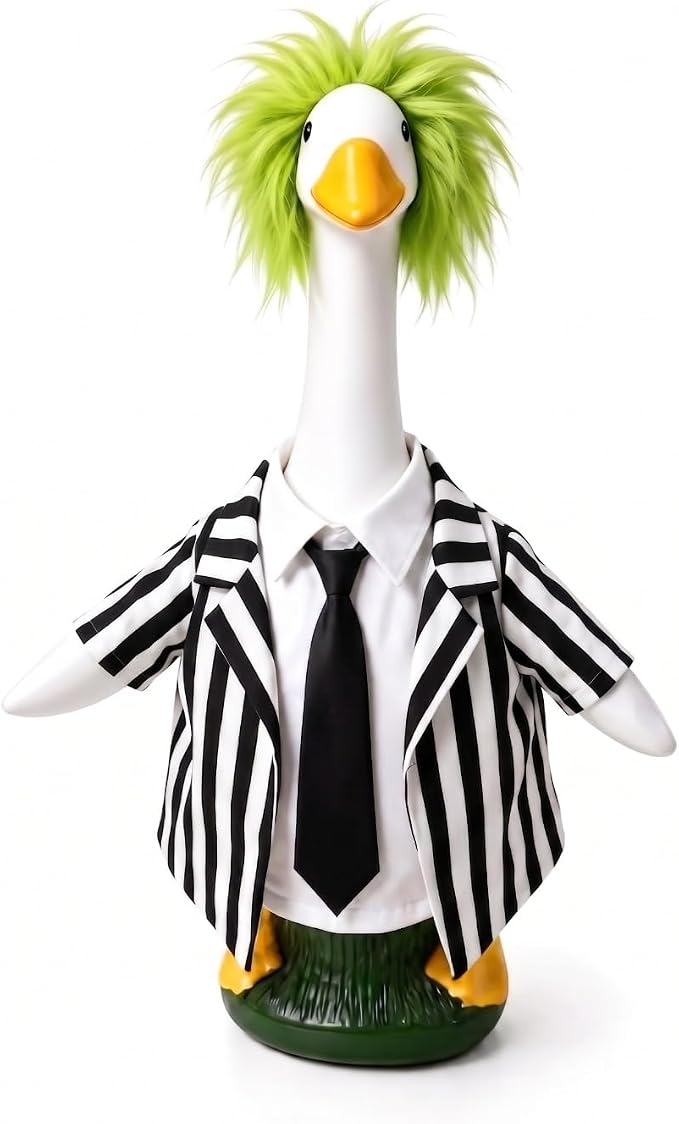 Halloween Porch Goose Outfits, Spooky Striped Suit Fits 23" Lawn Statue | Funny goose clothes costume with green wig. Spooky fall yard decor accessories, thoughtful gift for mom & grandma.