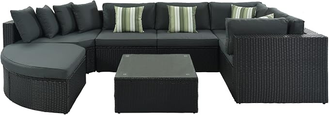 7 piece Outdoor Wicker Sofa Set, Outdoor Conversation Set for 6 People, All Weather Sectional Lounger Sofa with Coffee Table, Cushions & Pillows for Balcony Porch Backyard, Black+Gray