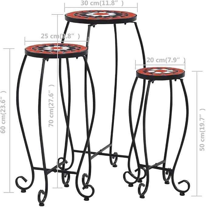 vidaXL Set of 3 Mosaic Garden Tables - Iron Tube with Ceramic Tile Top - Terracotta and White