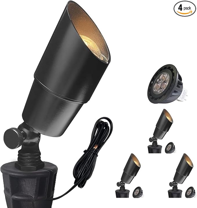 COLOER Brass Low Voltage Landscape Spotlight Fixture(Black) 4-Pack with Bulb,12V AC/DC Outdoor Spot Lights for Yard, Directional Garden Patio Spot Up Light(101B-Black)