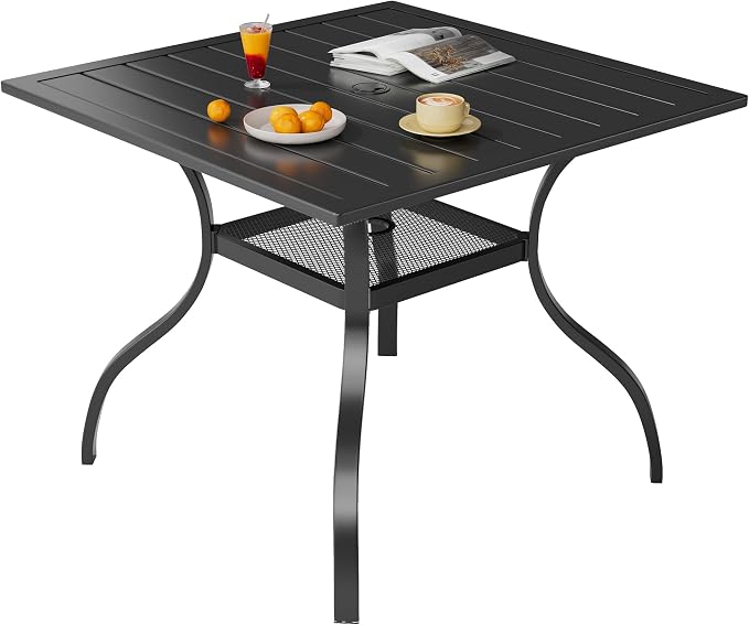 Crownland Outdoor Furniture Dining Table 37" x 37" Metal Frame Patio Table Patio Furniture for 4 Person Square Steel Slat Tabletop with 1.57" Umbrella Hole for Garden Porch, Classic Black