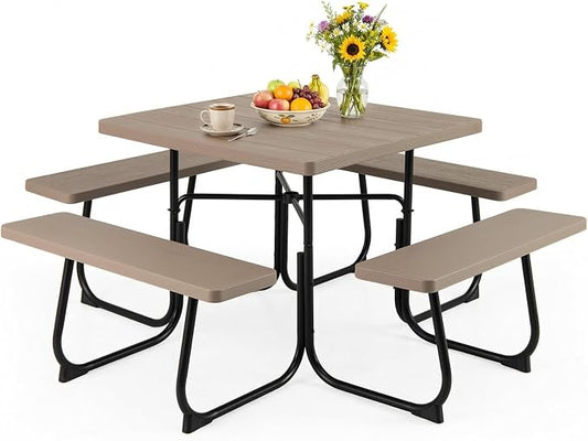 Giantex Picnic Table Bench Set for 8 Persons, Square Outdoor Table and Bench with Umbrella Hole, HDPE Top & Metal Frame, 2000LBS Capacity, Patio Table Set for Deck Yard Garden, Coral Reef