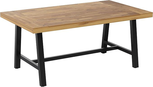 Flash Furniture Rafe Commercial Grade Acacia Wood Dining Table with Metal Base, Indoor/Outdoor Rectangle Patio Table with Plank Style Table Top, Natural/Black