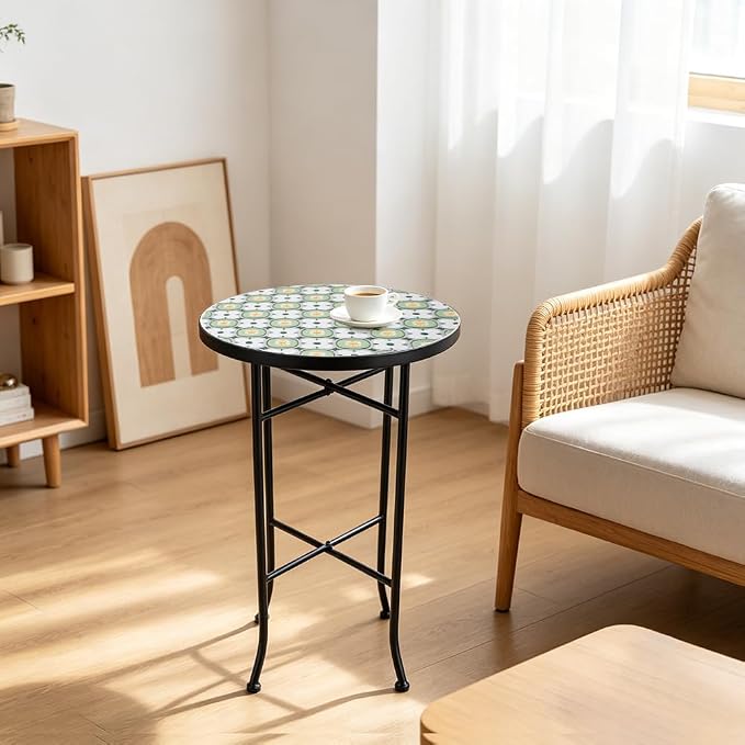 14 Inch Mosaic Patio Side Table with X-Straight Legs, Indoor Outdoor Accent Round End Table with Ceramic Tile Tops for Yard, Garden, Living Room, Bistro, A - Granny Square