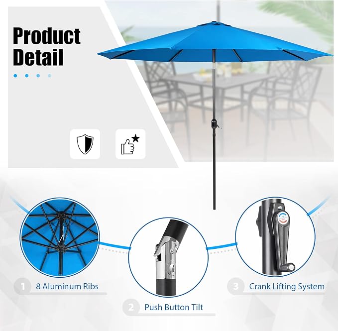 Crownland 7 Piece Outdoor Patio Metal Dining Sets, 6 Stackable Metal Chairs and Rectangular Outdoor Dining Table with with Sky Blue 9FT Round Outdoor Umbrella, for Backyard, Garden (Classic Black)