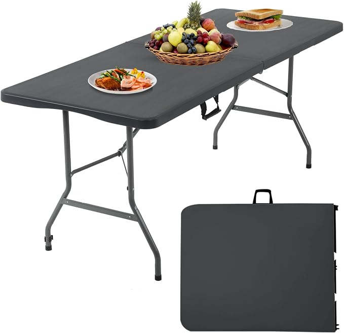 Folding Table 6FT Portable Plastic Camping Table Foldable Table Light Weight Plastic Dining Table Indoor Outdoor for Camping, Picnic BBQ Kitchen Wedding and Party,（Black） 71''L x 29 ''Wx 29''H