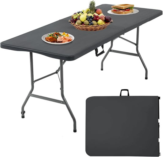 Folding Table 6FT Portable Plastic Camping Table Foldable Table Light Weight Plastic Dining Table Indoor Outdoor for Camping, Picnic BBQ Kitchen Wedding and Party,（Black） 71''L x 29 ''Wx 29''H