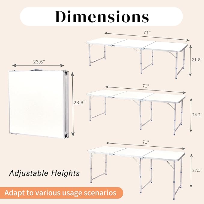 6 Ft Folding Portable Camping Table, Tri-fold Outdoor Picnic Table, Outdoor Camping Kitchen, BBQ, Picnic, Cooking, Beach, Garden, Party (White)