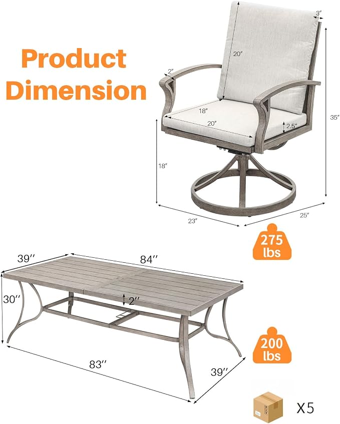 9-Piece Patio Dining Set for 8, Never Rusts Aluminum Outdoor Swivel Dining Set with Cushions, Outdoor Dining Set, Patio Table and Chairs Furniture Sets for Deck, Garden Yard, Limed Oak